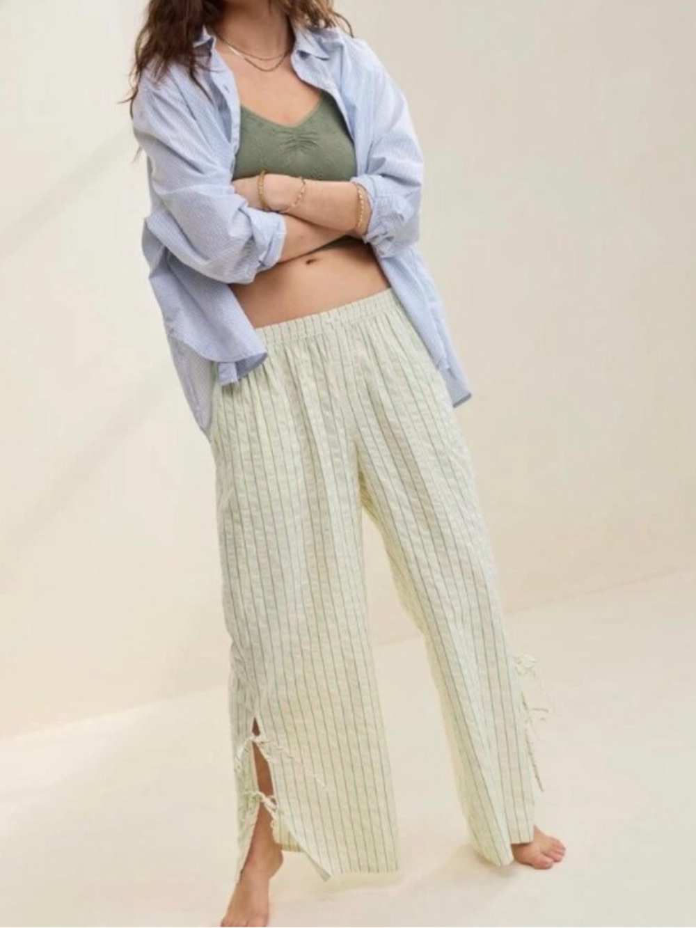 aerie Light Green Striped Wide-Leg Lounge Pants